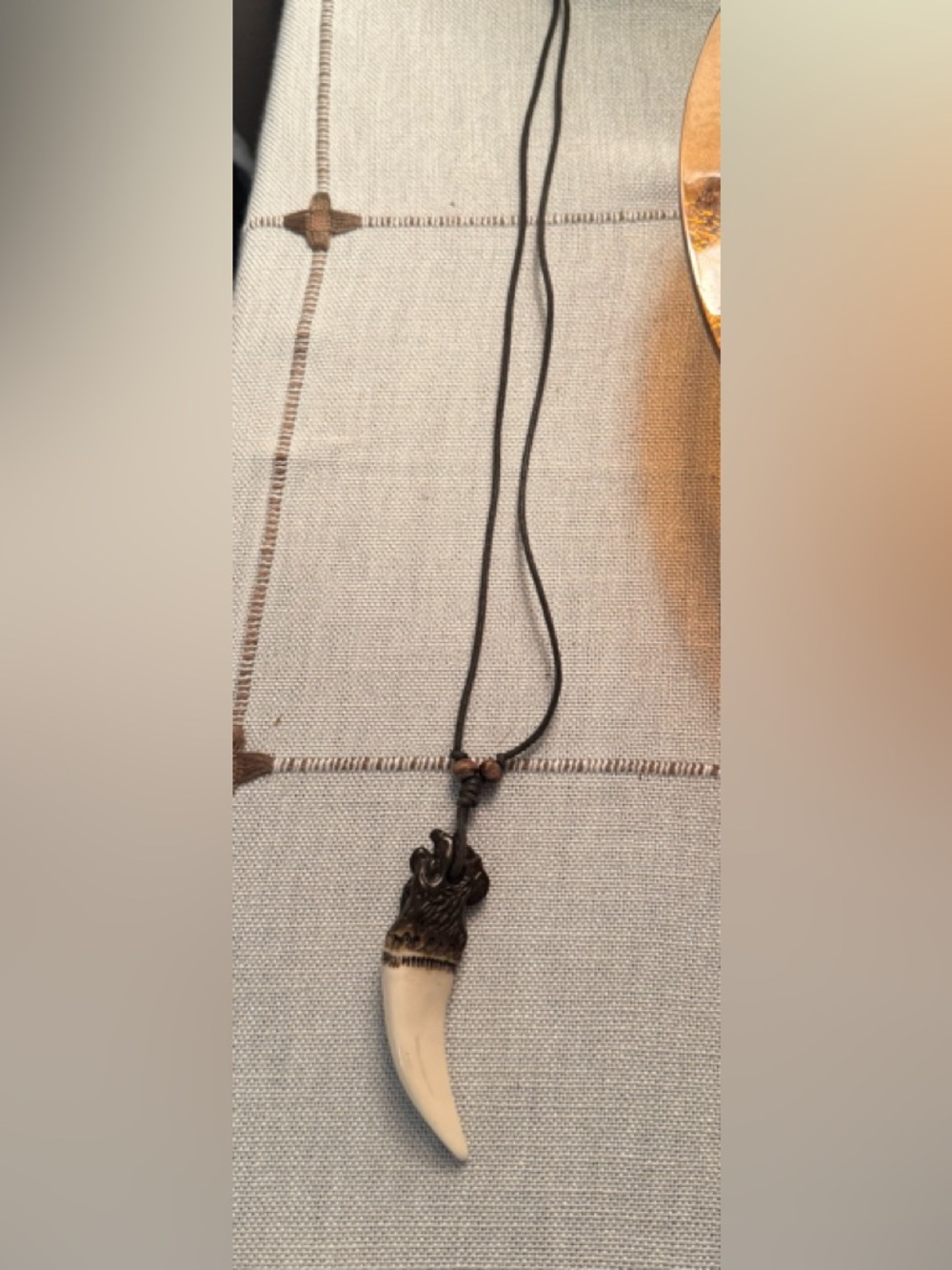 Handcrafted Black Cord Necklace with Ivory Tooth Pendant